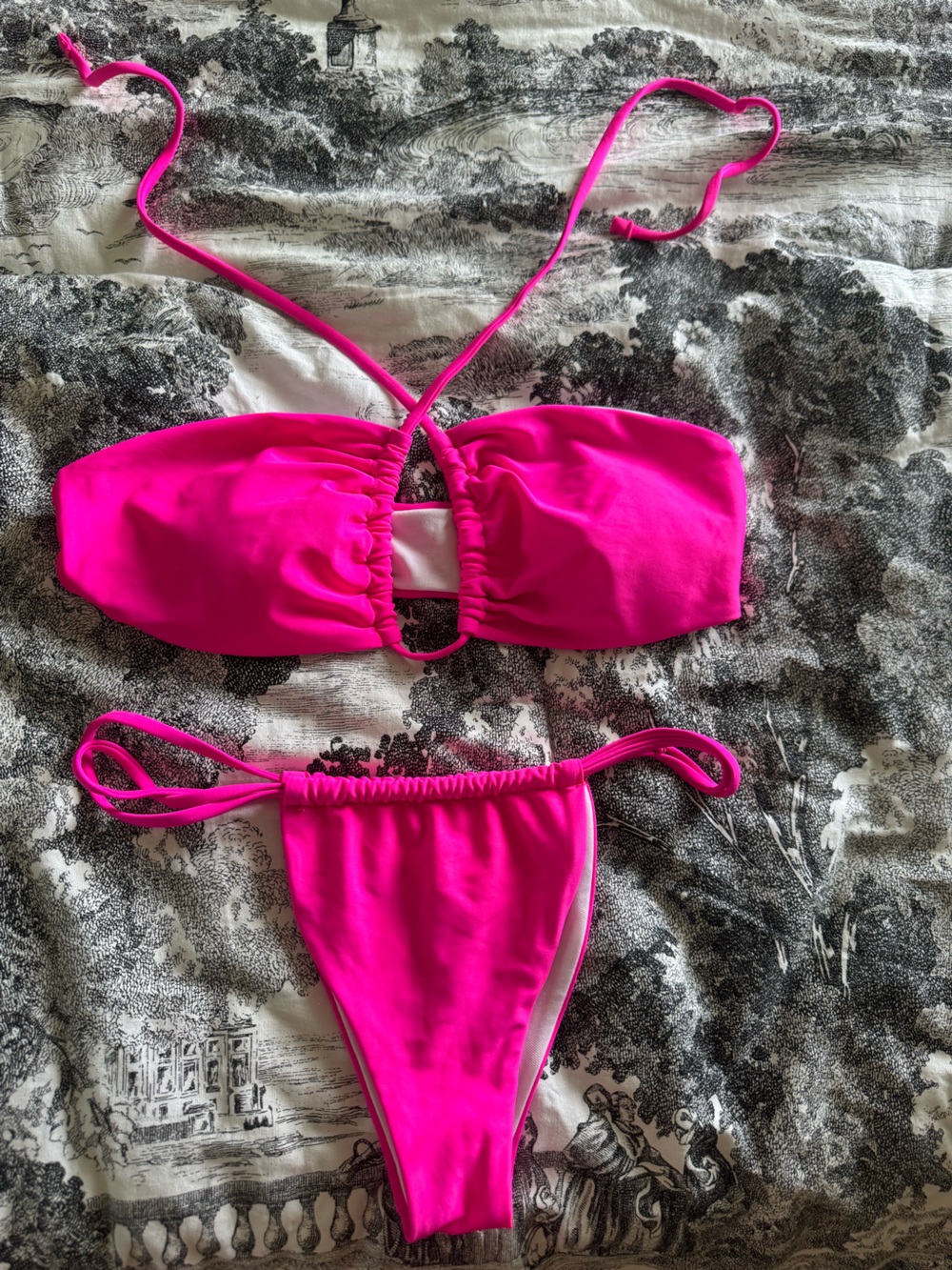 Hot Pink Ruched String Bikini Top Set